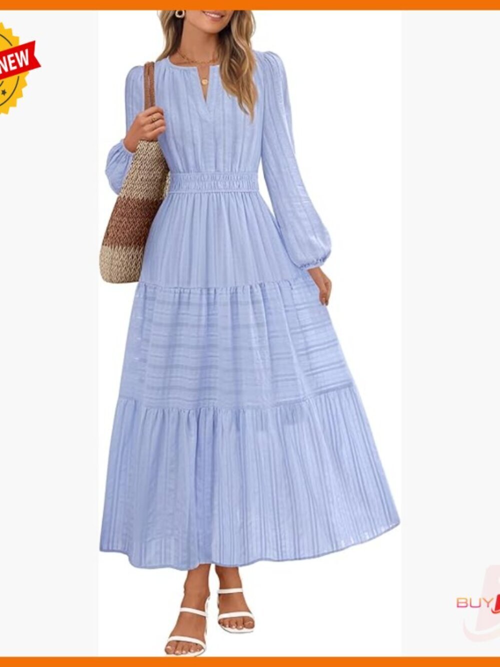Long Sleeve V Neck Tiered Cotton Maxi Dress with Pockets
